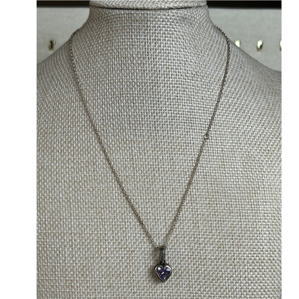 Purple Heart Pendant Sterling Silver Necklace 15 Inch Chain 3.27g Vintage